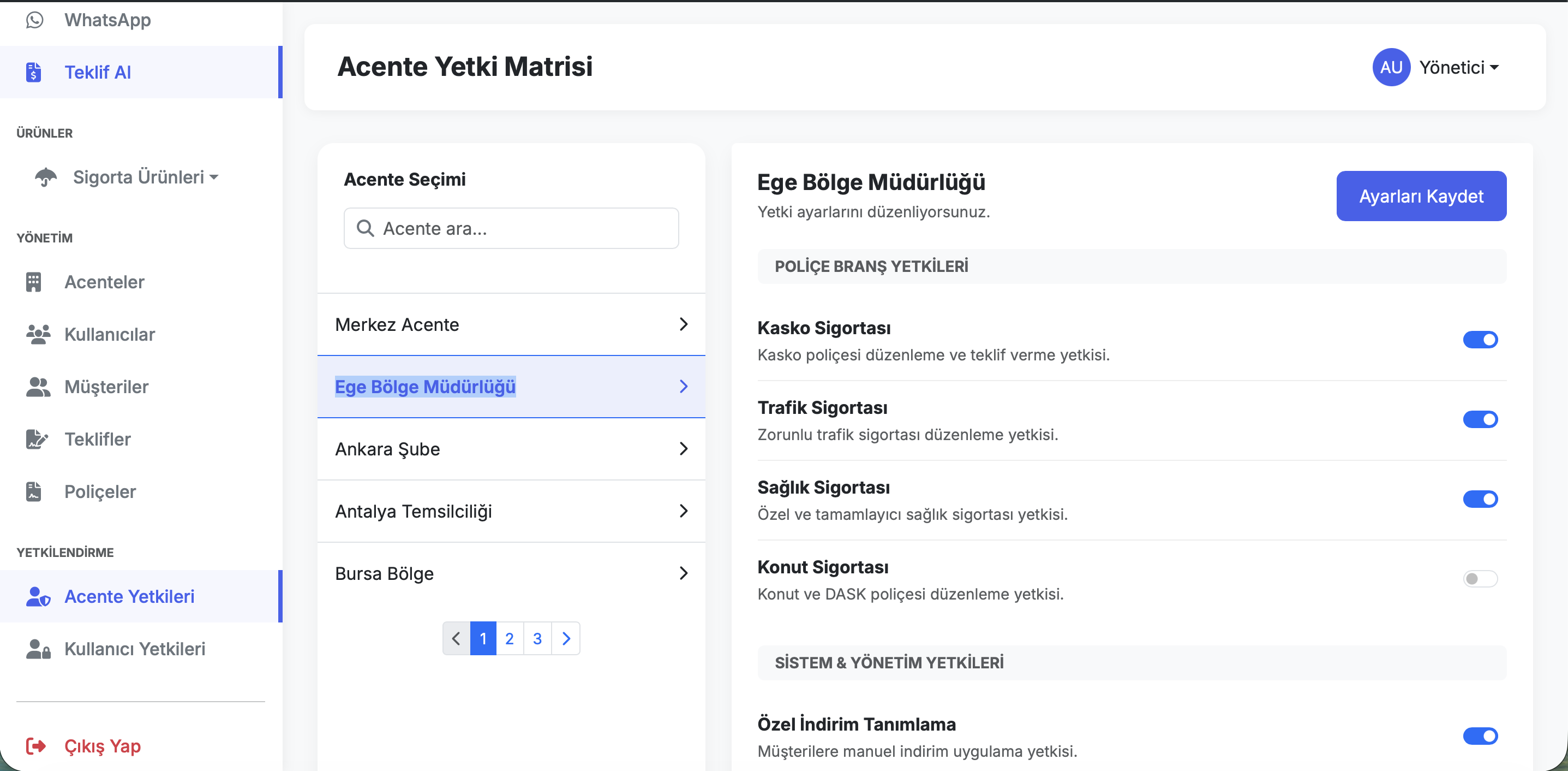 Acente Yetki Matrisi