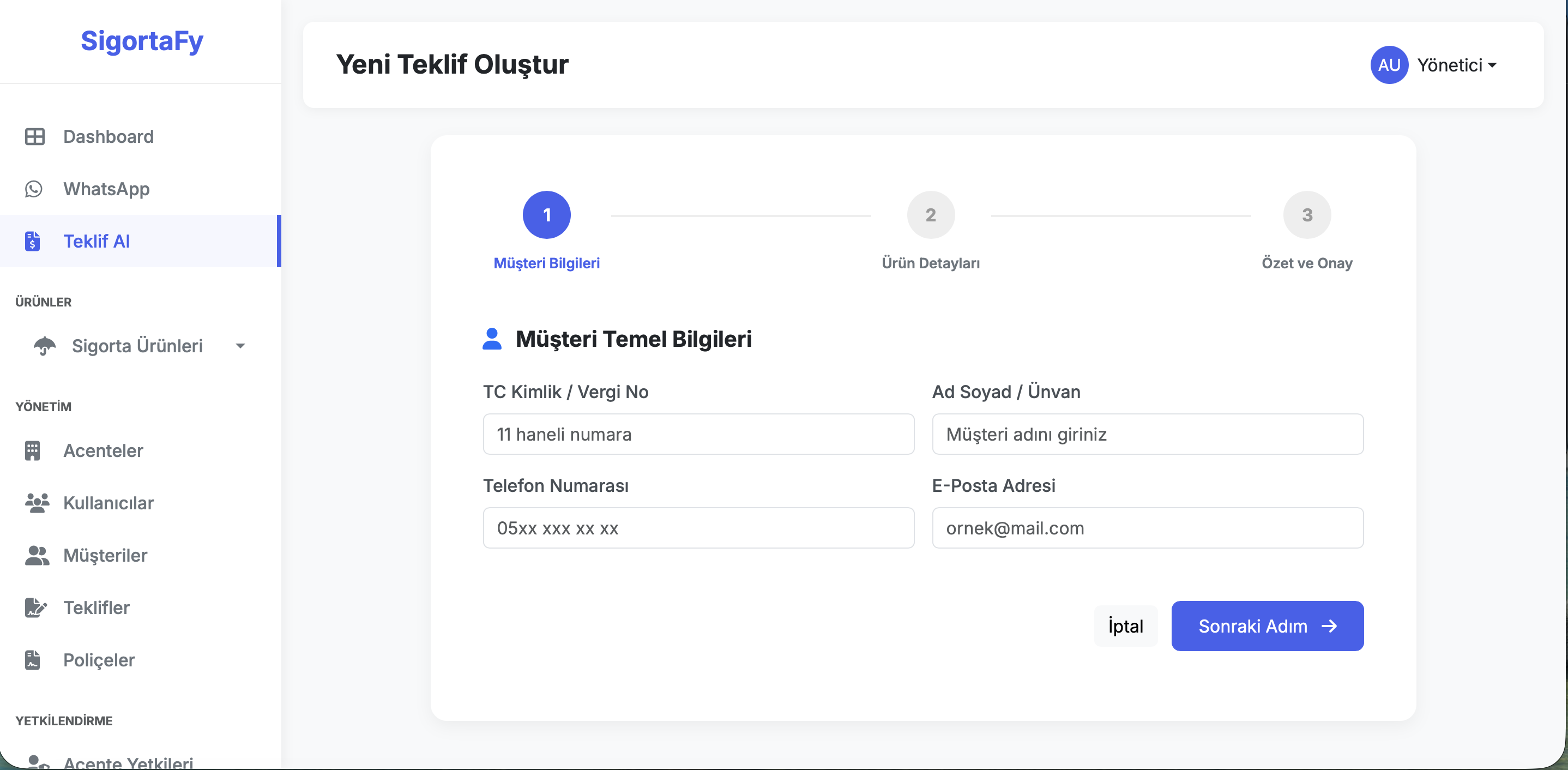 Yeni Teklif Oluşturma